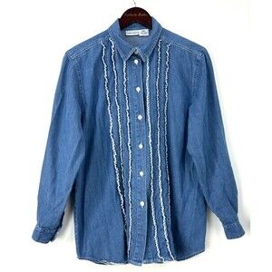 Cabin Creek Womens Button Up Shirt Long Sleeve Ruffle Chambray Sz L 1042E4